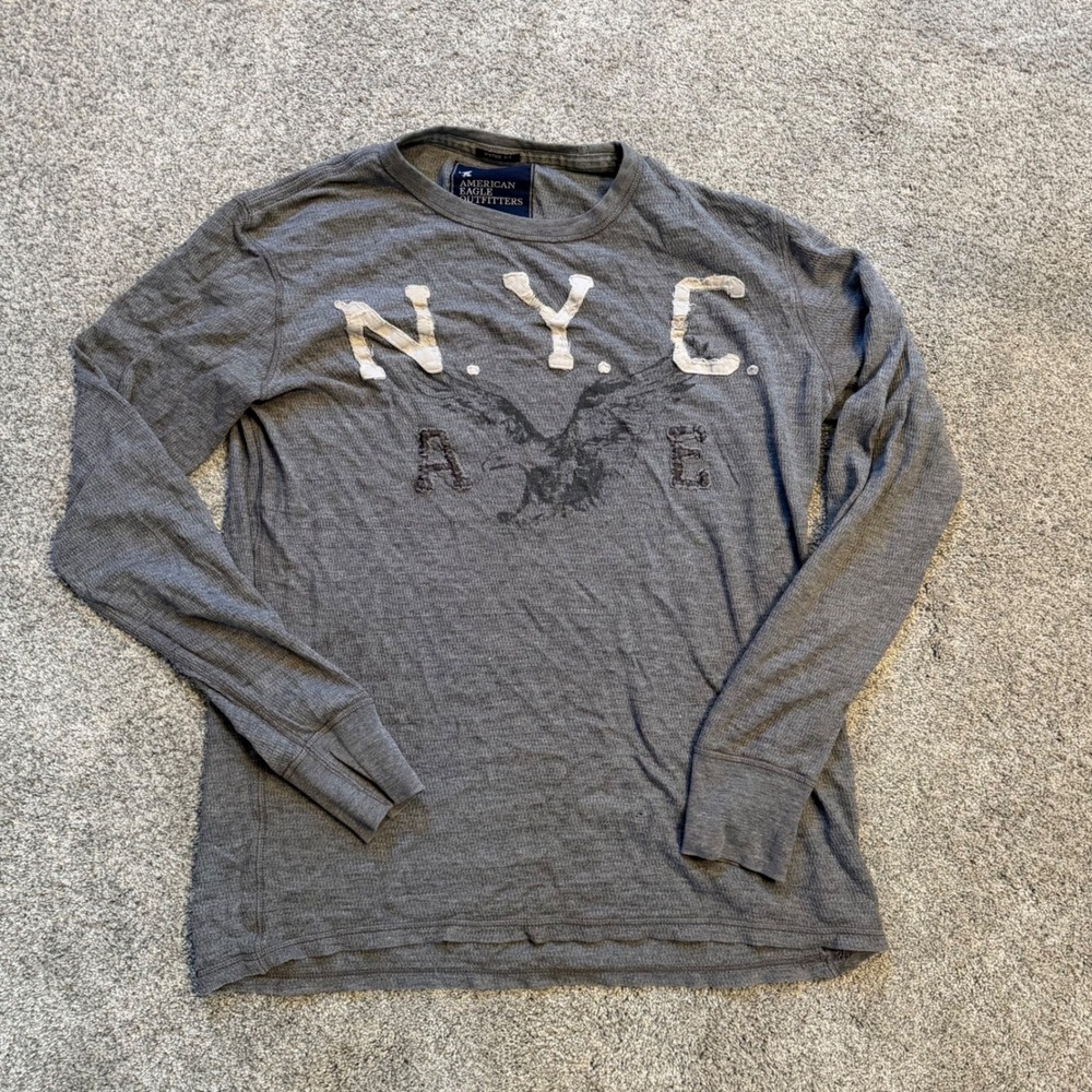 Y2K American Eagle Mens XLT Gray Thermal Long Sleeve NYC Eagle Graphic Shirt